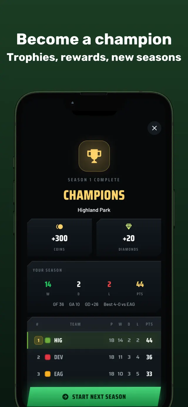 Become champion: trophies, coin and diamond rewards, and new seasons.
